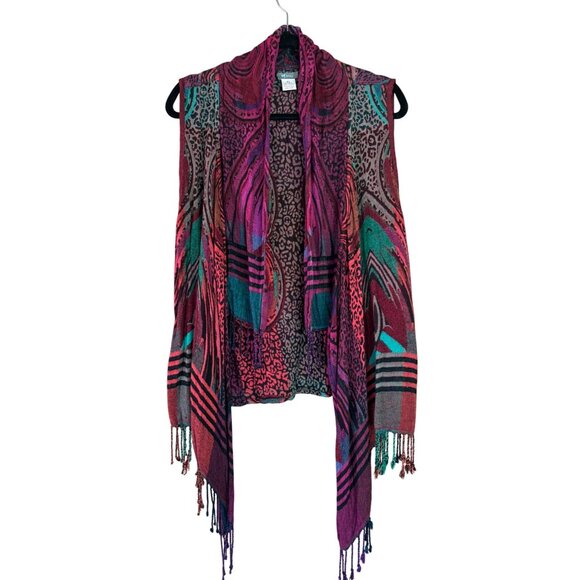 Anu Bohemian Sleeveless Open Front Vest Art-to-Wear Fringe Hem Vibrant Print - Picture 3 of 10